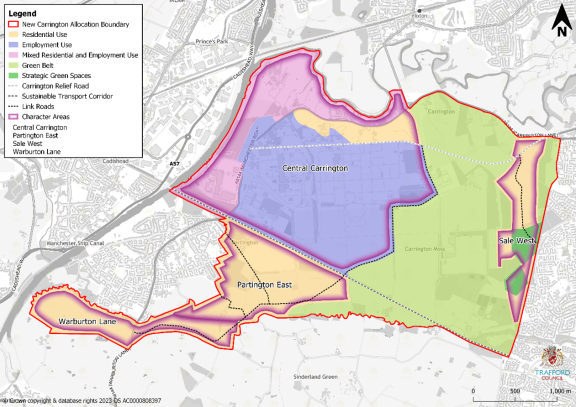 Map showing the boundary of the New Carrington Masterplan area, including Carrington, Partington and Sale West. The map outlines proposed housing, employment and green space areas.