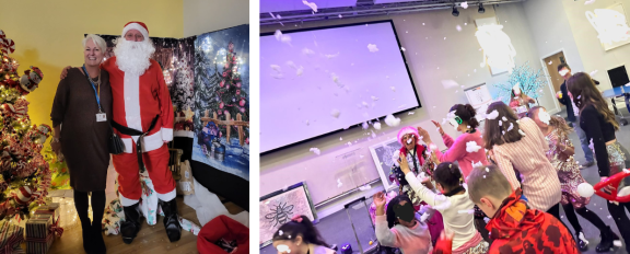 Photos from a Christmas party showing a staff member standing with someone dressed as Santa and children playing in artificial snow during festive activities.