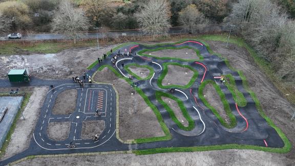 Aerial photo of Cross Lane Park BMX Track with schoolchildren riding bikes