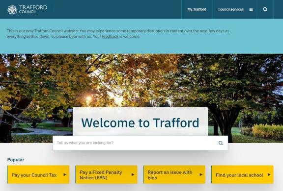 The front page of the new Trafford Council website