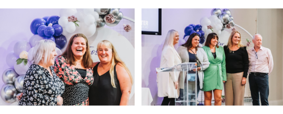 Group photos from a foster carers event showing attendees smiling and standing together in front of a balloon display.