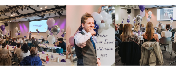 Scenes from a foster carers celebration event, showing attendees seated at tables, the event host speaking, and a presenter standing in front of a balloon display.