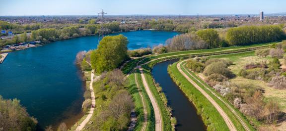 Aerial photo of Sale Water Park and the River Mersey on a sunny day