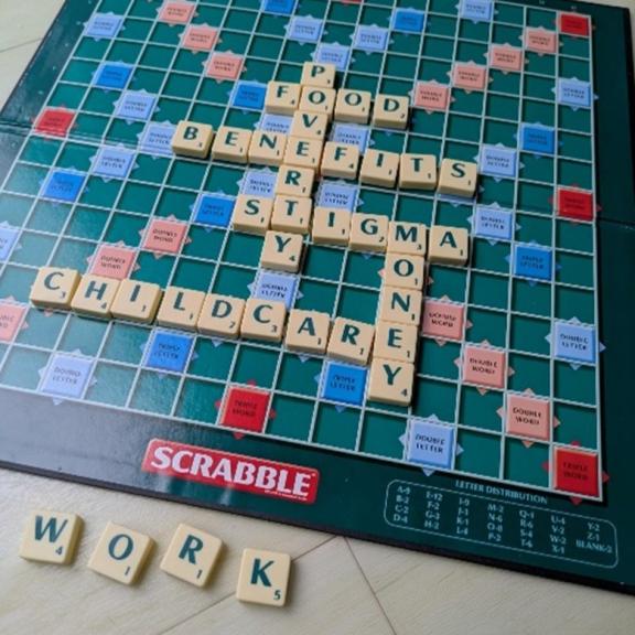 A Scrabble board with tiles spelling words related to poverty, including POVERTY, FOOD, BENEFITS, STIGMA, MONEY and CHILDCARE, with the word WORK placed separately at the bottom of the image.