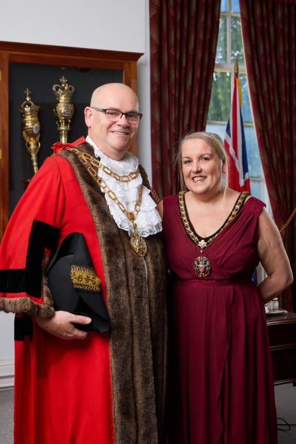 Councillor Simon Thomas Mayor of Trafford standing next to Mayoress Michelle Thomas