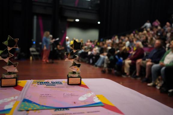 Close-up of star-shaped award trophies and certificates on a table, with a seated audience and a speaker blurred in the background at an event.