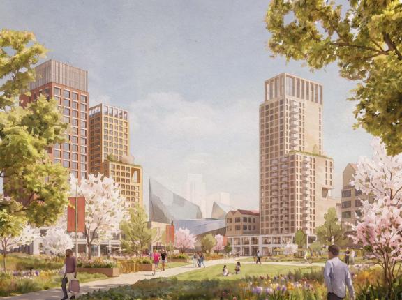 Architectural rendering of a landscaped urban park surrounded by modern high-rise residential buildings. Flower-filled gardens, mature trees, and blossom-covered trees frame walking paths where several people are strolling, sitting, and cycling. 