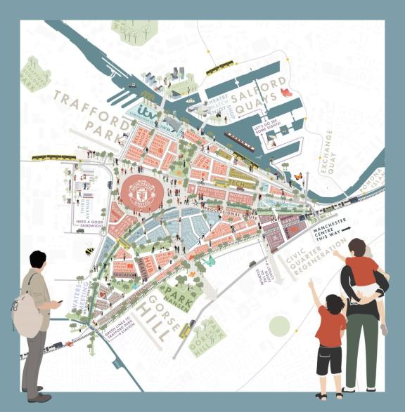 Illustrated masterplan map of the Old Trafford regeneration area, showing connections between Trafford Park, Salford Quays, MediaCity and Manchester city centre.