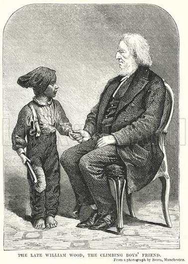 Black-and-white Victorian engraving showing William Wood seated on a chair shaking hands with a young chimney sweep holding a brush. The image reflects Wood's work as "The Climbing Boys' Friend" and his efforts to end the use of children as chimney sweeps.