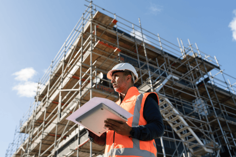 Construction worker in front of building surrounded by scaffolding
