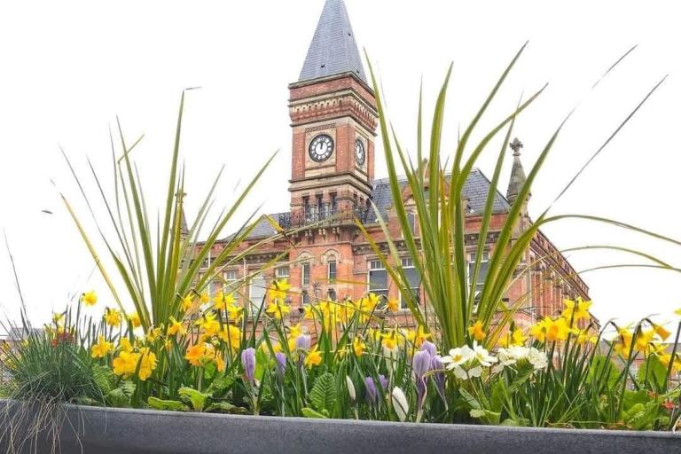 Bright spring flowers and tall green plants in a large planter with the historic clock tower of the Stretford Public Hall in the background.