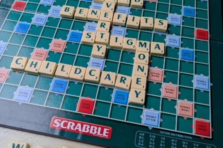 A Scrabble board with tiles spelling words related to poverty, including POVERTY, FOOD, BENEFITS, STIGMA, MONEY and CHILDCARE, with the word WORK placed separately at the bottom of the image.