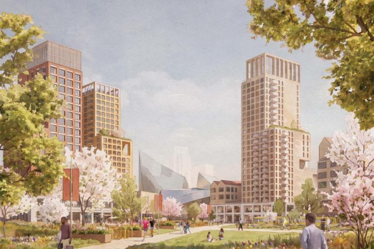 Architectural rendering of a landscaped urban park surrounded by modern high-rise residential buildings. Flower-filled gardens, mature trees, and blossom-covered trees frame walking paths where several people are strolling, sitting, and cycling. 
